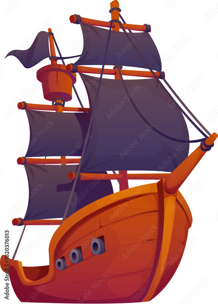 Naklejka premium Cartoon pirate battle ship with black sails. Piracy and nautical sailing vessel, corsair marine cartoon isolated vector caravel. Pirate treasure hunting or filibuster nautical sail ship with cannons
