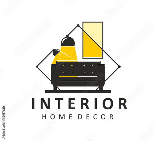 Home decor and interior furniture icon. Apartment room design company vector badge, house room decor atelier emblem. Home furniture shop icon with living room black couch, lamp and picture frame