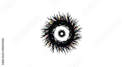 Abstract, textured, circular design with sharp, radiating elements and subtle color gradients, suggesting energy or growth.