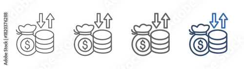 
outline icon set income with money bag, coins and up down arrow design