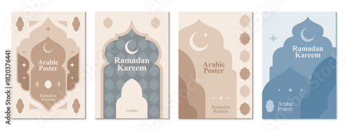 Ramadan Kareem holiday posters with mosque pattern, Eid Mubarak Muslim template with Islamic arch shapes, crescent moons and stars, convey peace, spirituality and celebration of the holy month