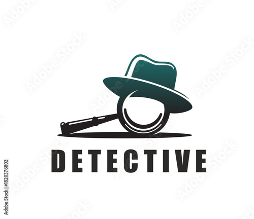Detective service agent icon or badge. Security agency detective icon, police inspector abstract vector symbol. Private investigator business emblem or sign with hat on magnifying glass