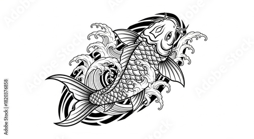 Monochrome illustration of a traditional Japanese Koi fish swimming upstream against powerful waves, in a dynamic and stylized artistic design