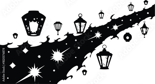 Magical starry night with glowing lanterns and celestial bursts