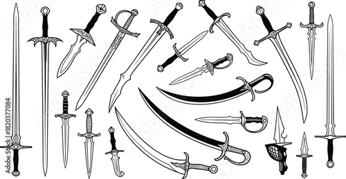 Assortment of twenty-one detailed black and white illustrations of swords and daggers Keywords: swords, daggers, blades, weapons