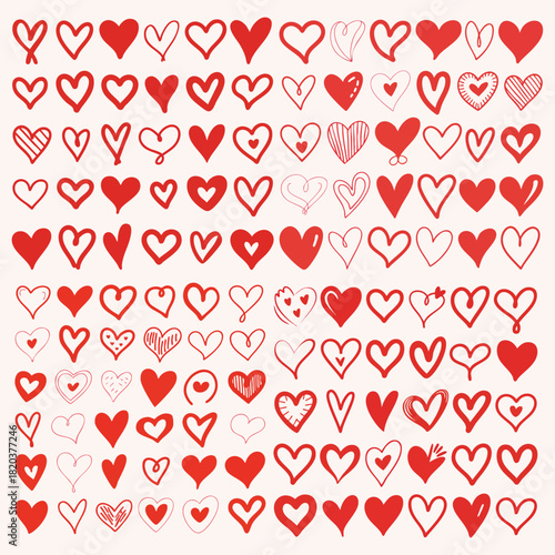 Doodle  Red heart symbol sketch set for Valentines Day Various different hand drawn heart icon love collection isolated on white background.