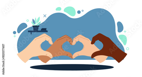 Diverse hands form heart shapes, symbolizing unity, love, and connection in a vibrant, inclusive illustration promoting harmony and togetherness across cultures.