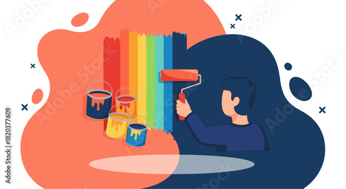 A vibrant vector illustration depicts a person painting a wall with a rainbow of colors, surrounded by paint buckets and abstract shapes, creating a cheerful ambiance.