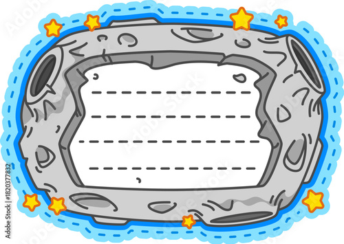 Space moon surface and sky kids memo note frame. Cosmos scrapbook kids memo note, blue sky diary vector frame. Universe to do list label or sticker with space planet, moon surface craters and stars