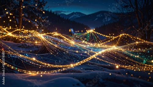 Fototapeta Naklejka Na Ścianę i Meble -  Abstract Glowing Light Network in Snowy Winter Landscape at Night with Mountains