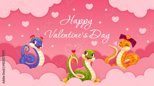 Happy Valentines day paper cut banner with cheerful snakes on pink clouds. Love holiday vector banner, St Valentine papercut greeting card with snake girly characters and handwritten typography