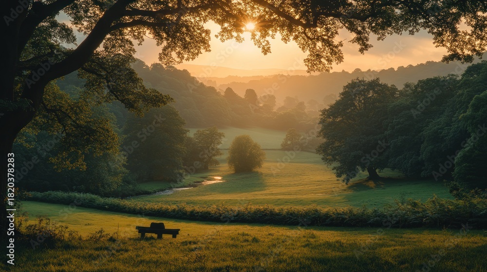Fototapeta premium Peaceful valley vista at sunrise, lush trees, tranquil scene