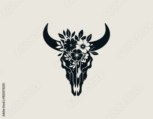 Intricate black vector silhouette of a strong bull skull with majestic horns beautifully decorated with detailed blossoms, leaves, and berries. Boho floral nature concept