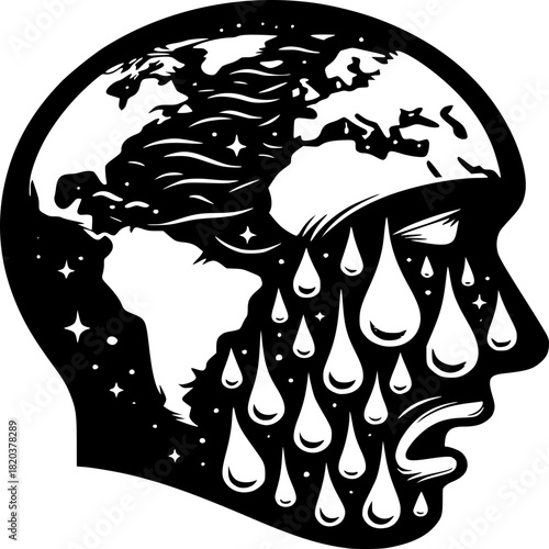 Earth's Lament: A powerful symbolic representation of Earth in the shape of a human face weeping, with teardrops signifying global distress