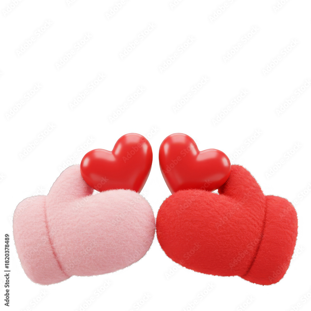 Fototapeta premium Two Hands Holding Red and Pink Hearts on Transparent Background