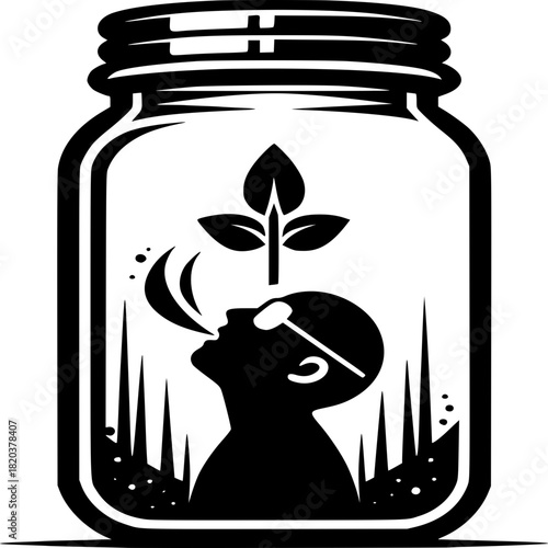 Sustainability within: A powerful illustration of a human figure enclosed inside a glass jar, reaching towards a growing plant.