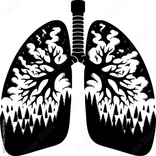 Breathing in Nature: An artistic portrayal of lungs morphing into a forest, highlighting the vital link between human health and the environment. Evoking the symbiosis.