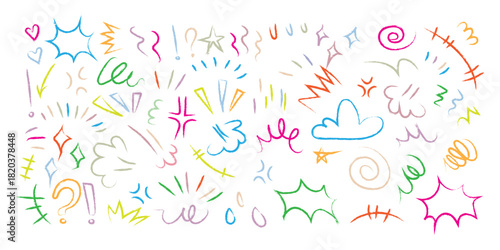 Set of colorful emotion effect and movement icon vector. Crayon drawn doodle emotion lines, decorative emphasis elements symbol. vector illustration.