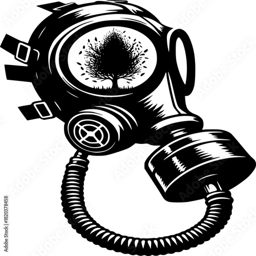 Environmental Threat: Gas mask with a tree symbol, a striking visual metaphor for environmental preservation and the impact of pollution, a call for a conscious sustainable