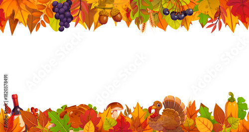 Thanksgiving holiday border frame with turkey bird and autumn fall season leaves. Vector Festive seasonal horizontal banner template with cartoon pumpkins, mushrooms and autumn forest leaves, berries