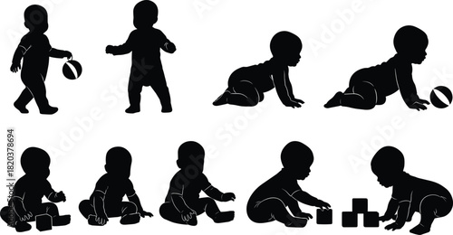 Collection of Baby Silhouettes in Various Poses with Toys on White Background infant child