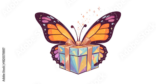 A whimsical butterfly adorned with sparkling dust rests atop a beautifully wrapped gift box, evoking a sense of wonder and celebration