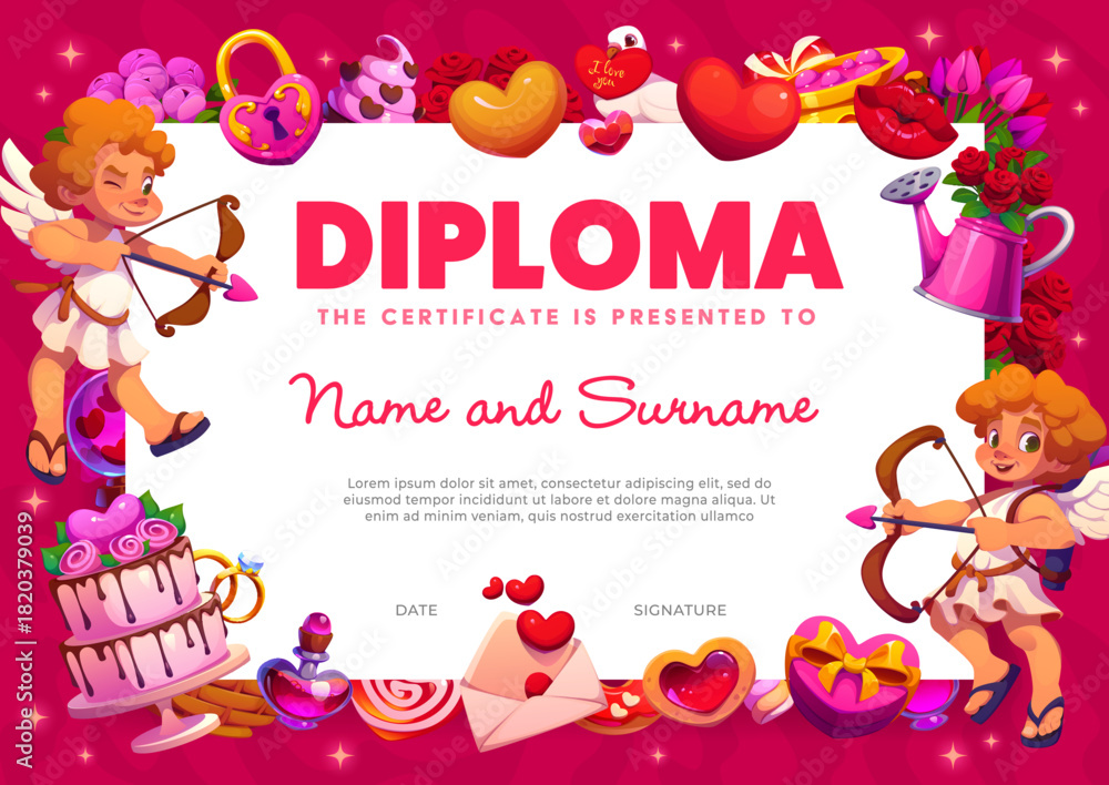Fototapeta premium Valentines Day diploma or love certificate with vector background frame of cartoon cherub Cupids and romantic holiday gifts. Valentines Day achievement diploma with Cupid angels, hearts and arrows