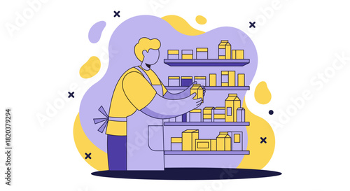 An illustration shows a person in a yellow shirt and apron stocking shelves in a store, with various products neatly arranged for customers.