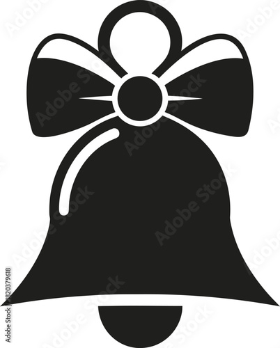 A classic black silhouette of a christmas bell adorned with a festive bow and clapper isolated on white background.