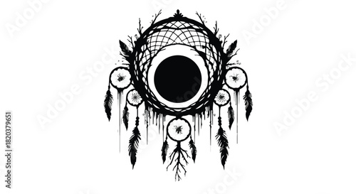 Mystical dreamcatcher with moon and feathers against a stark white background, evoking spiritual protection and dreams.
