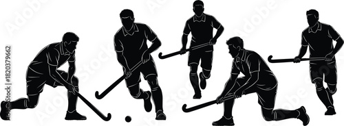Black Silhouette Field Hockey Players in Action on White Background sport athlete