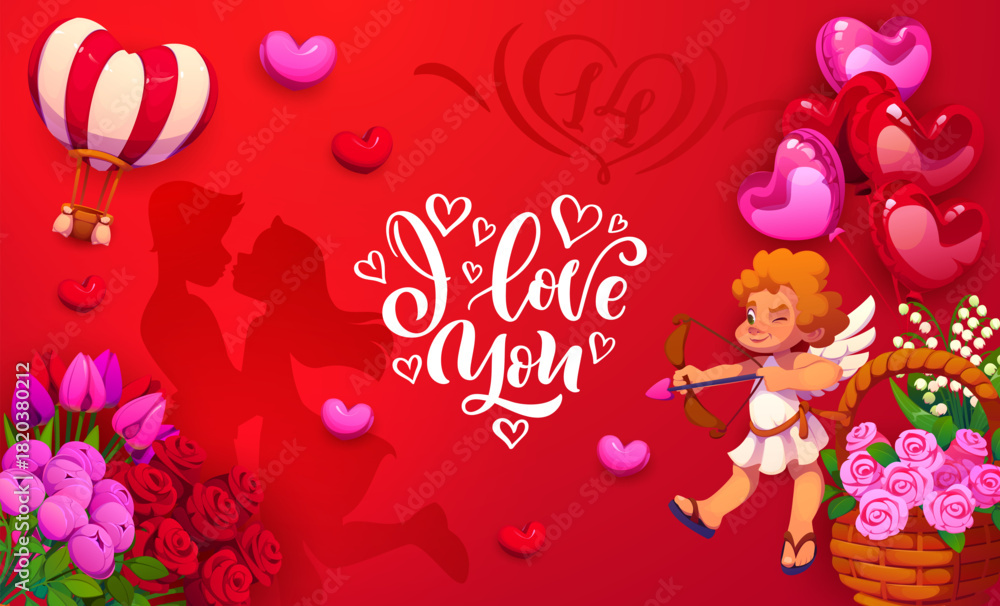 Fototapeta premium Greeting card of Valentines Day holiday with romantic loving couple vector silhouette and cartoon Cupid character aiming bow and arrow. Valentines Day love hearts, balloons and flowers greeting card