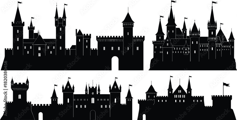 Naklejka premium Collection of black silhouette fantasy medieval castles with flags and towers architecture