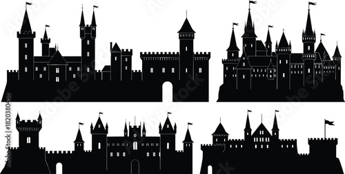 Collection of black silhouette fantasy medieval castles with flags and towers architecture