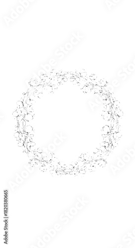 Soft gray circular wreath composed of tiny dots on a white background with delicate, minimalist appeal.