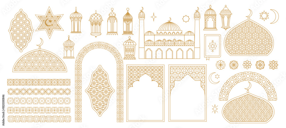 Naklejka premium Ramadan ornament elements and arab islam arabesque, oriental muslim art patterns set. Vector arabian gold line geometric ornament frame borders, ramadan lanterns and mosque arches ornament elements