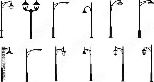 Collection of black silhouette street lamps and lampposts on white background Keywords: street lamp, lamppost, light, lighting