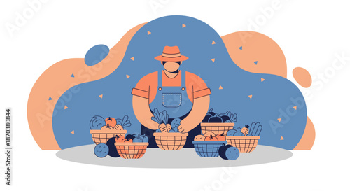 A farmer in a hat and overalls stands behind baskets filled with fresh, colorful produce, creating a vibrant scene of a bountiful harvest and local agriculture.