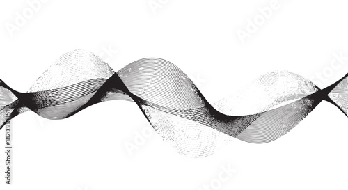 Abstract monochrome wave pattern with flowing translucent lines and graceful gradients.