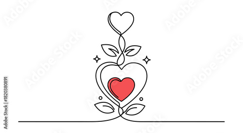 Vertical Two Hearts One Line Drawing with Floral Flourishes and Red Heart Sign - Growth and Self-Love Concept Vector