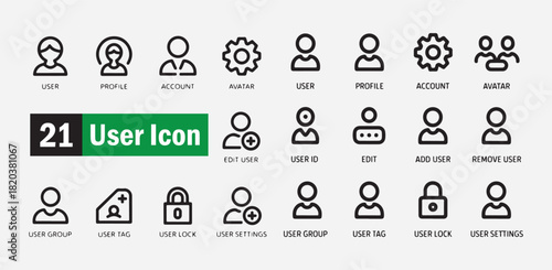 Simple user icon set with profile account avatar edit add group lock settings symbols