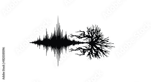 A stark silhouette of a gnarled tree merges with a sound wave, symbolizing nature's rhythm and life's energy.