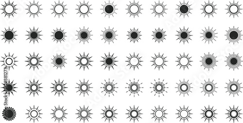 Collection Of Stylized Sun Icons With Rays In Various Designs And Sizes symbol solar