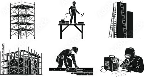 Construction Industry Workers and Equipment Silhouettes on White Background builder scaffolding