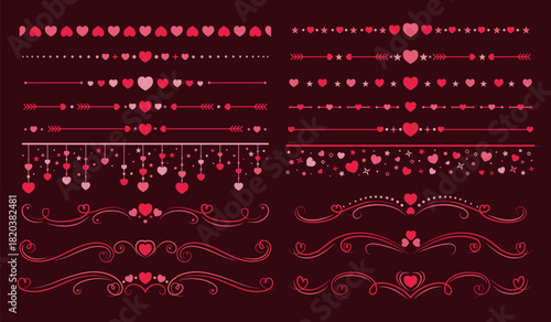 Love heart dividers, frame lines and borders, vector Valentine Day, wedding and marriage. Vintage victorian flourish, scrolls and swirls with red hearts, stars and arrows. Valentines card dividers set