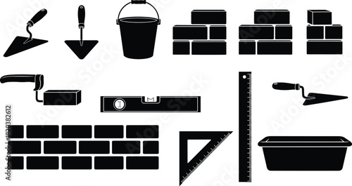 Construction Tools and Materials Black Silhouettes on White Background building brick
