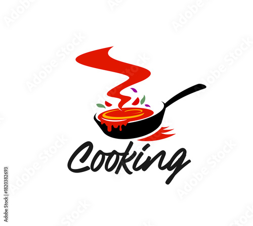 Restaurant grill menu pan cook icon or patch. Fast food cafe kitchen cook emblem, Asian culinary menu vector badge. Restaurant cuisine cooking utensil icon or label with stew or soup cooking in pan