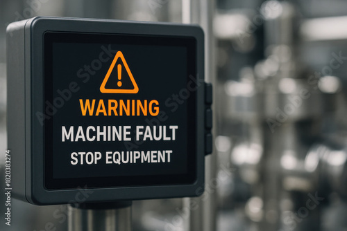 Urgent warning message on digital screen displaying machine fault. critical alert to stop equipment for safety in an industrial automation system, conveying sense of urgency
