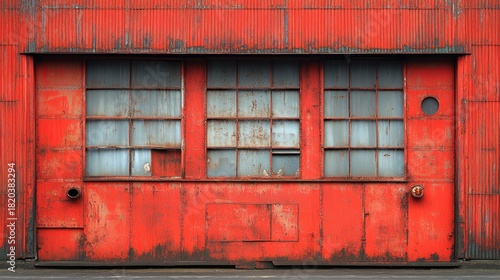 Red corrugated metal facade with weathered windows