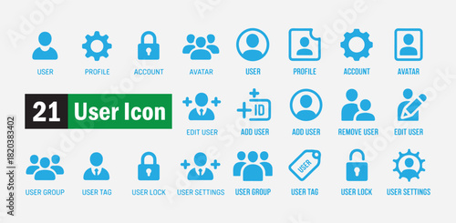 Modern user icon set in blue solid fill for profile management and account operations
